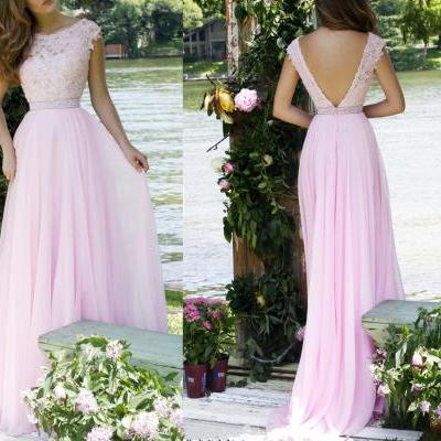 Elegant Prom Gown,Pink Prom Gown,Lace Prom Gown,Cap Sleeve Prom Gown,2015 Prom Gown,Long Prom Dress,Backless Prom Dress,Evening Dress 