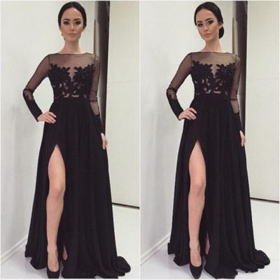  Long Sleeves lace Prom Dress,Sexy Slit Black Prom Gown,Sexy Black Lace Formal Party Dress,Slit Evening Dress 