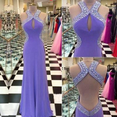  2016 Beaded Prom Dresses A-line Lavender Purple Halter Neck Sexy Backless Long Evening Gowns