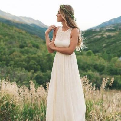 Simple A-line Chiffon Short Sleeve Floor-length Beach Wedding Dress Scoop Neckline Summer Bride Gown 