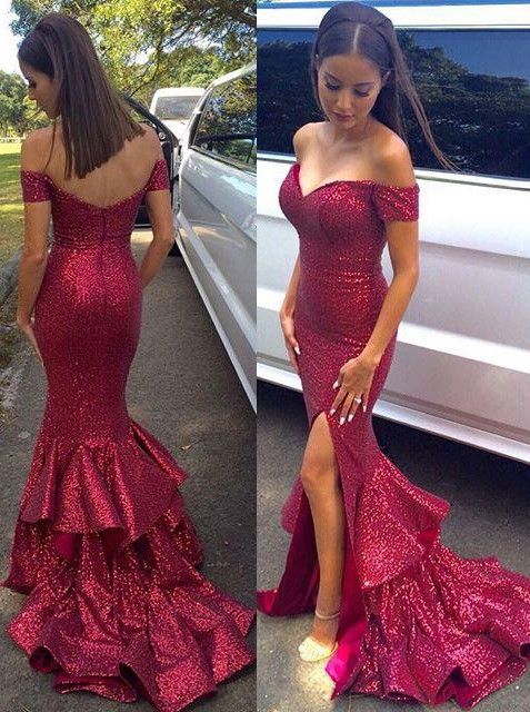 Off-the-shoulder Mermaid Long Prom Dress, Evening Dress Featuring Side Slit And Ruffle Train