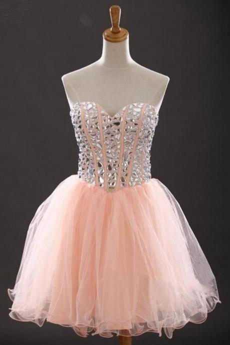 Rhinestone peach homecoming dress, Tulle homecoming dress, short homecoming dresses, 2016 homecoming dress, short prom