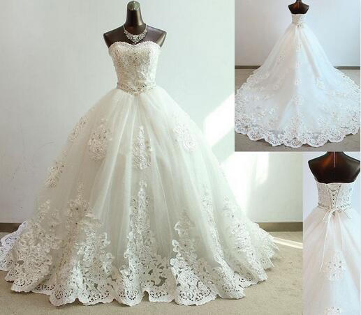 Strapless Sweetheart Lace Appliqués Ball Gown Wedding Dress With Long ...